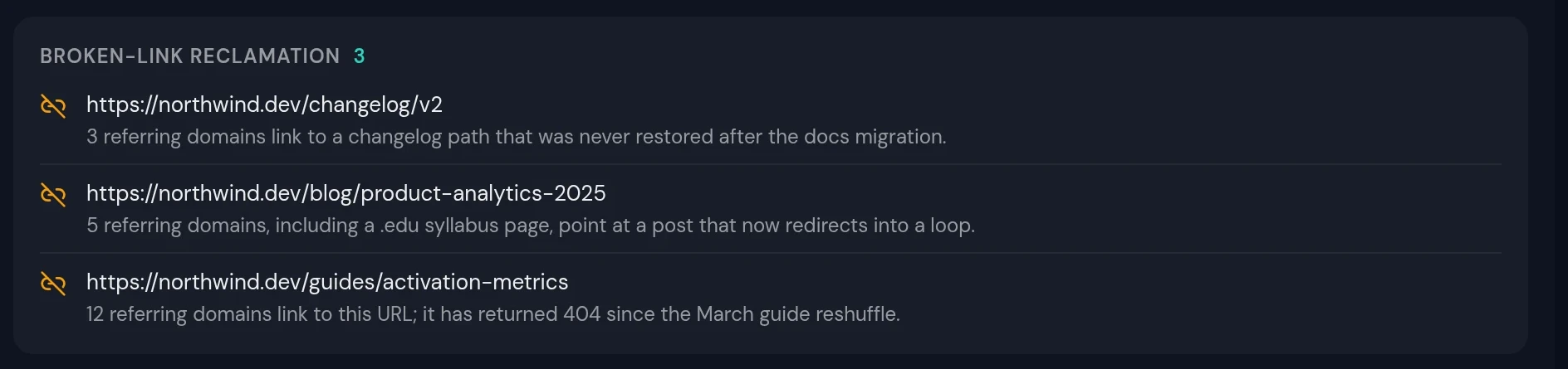 Broken-link reclamation: three broken URLs with referring-domain counts and causes